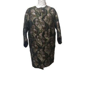 H&M Jaquard Weave Jacket Green Size 4 Leaf Pattern Pockets Open Front